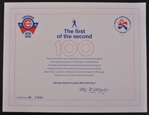 chicago cubs first game certificate