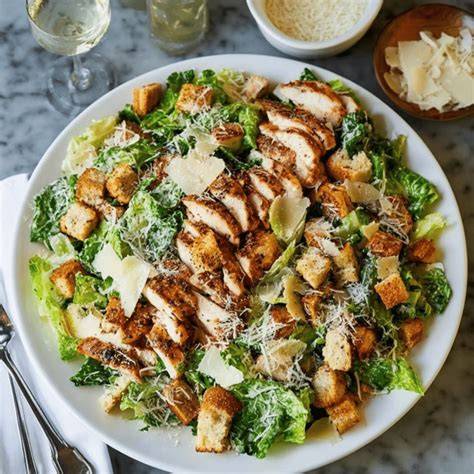 Plate of Chicken Caesar Salad on White Background Stock Photo Image