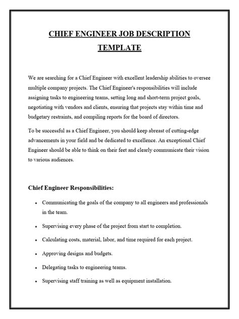 chief engineer job application form template