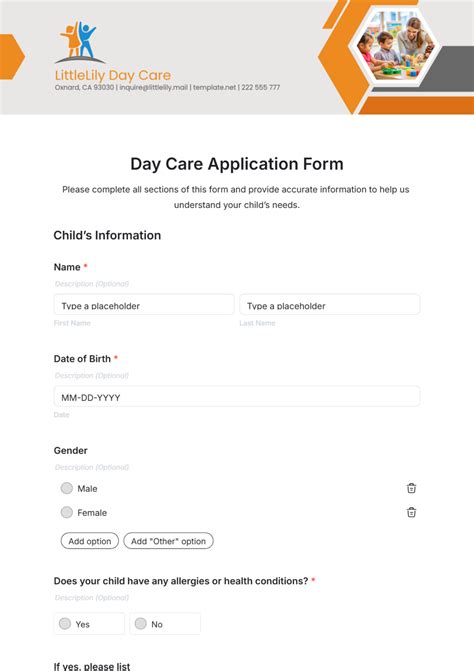 child care application form template
