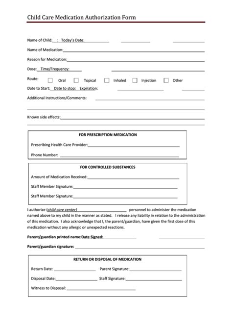 child care medication form template