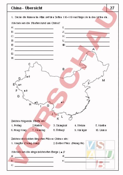 Arbeitsblatt mit Lückentext zum Thema "China" Aufgabenstellung, Arbeitsblätter, Erdkunde