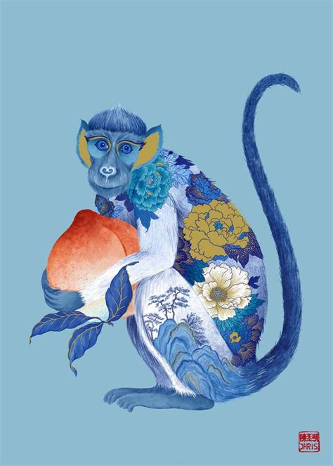 The Chinese Lunar Year 12 Animal Monkey pop stylised paper cut art poster Drawing by Kim Wang