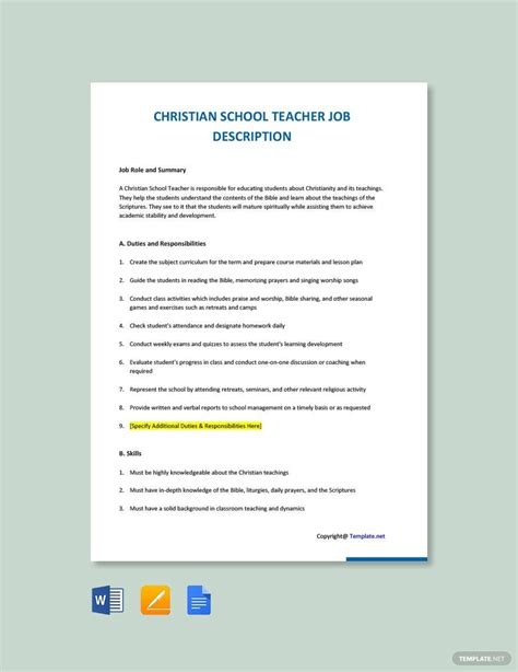 christian school teacher job description