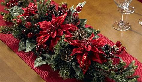 Christmas Table Setting With Poinsettia s Pinecones Berries And NeedlesMeasures 36L X