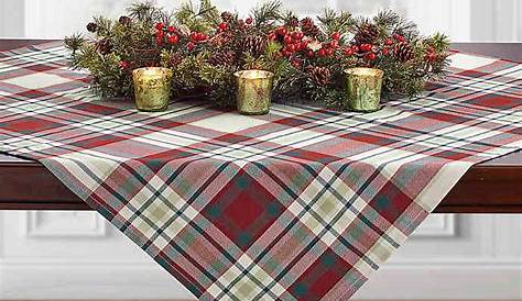 Christmas Table Throw Plaid cloth With Urns Filled With Greenery And