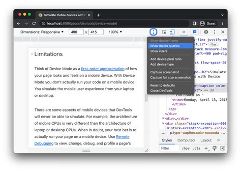 Chrome Developer Tools Media Queries