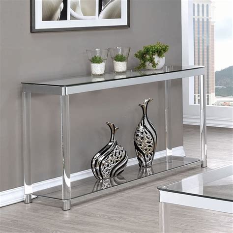 chrome metal glass accent console sofa table with shelf