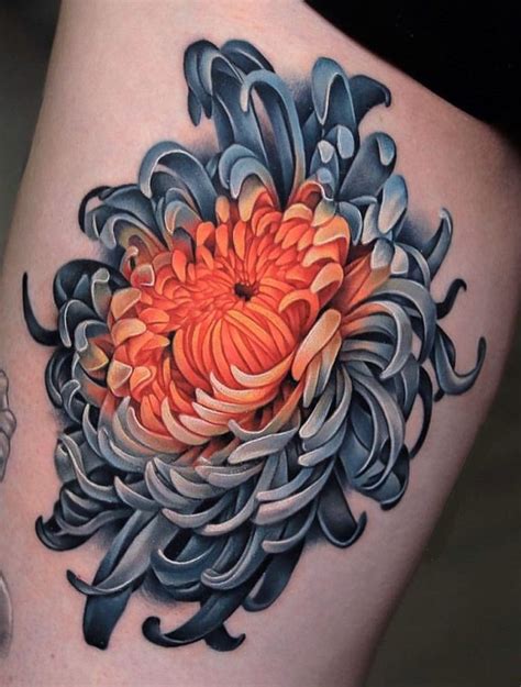 Traditional chrysanthemum tattoo on the leg, done by _kaitlingreenwood
