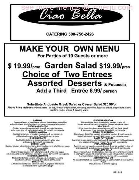 ciao bella menu worcester ma
