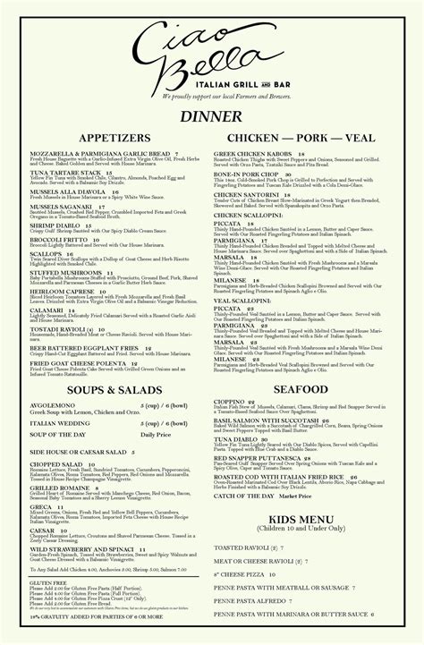 ciao italian restaurant menu