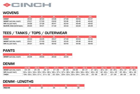 Cinch Size Chart