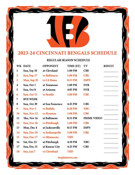 cincinnati bengals schedule schedule