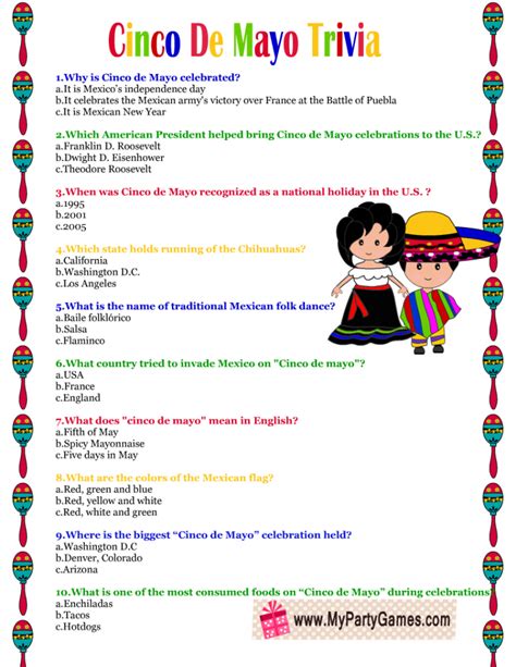 Cinco de Mayo Trivia with Answers Printable Instant Download