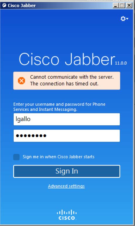 cisco jabber error provide server information