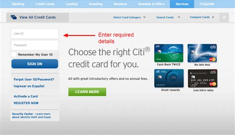 citicards login credit card balance