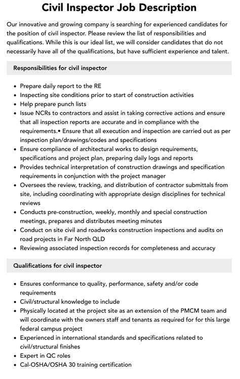 civil site inspector responsibilities