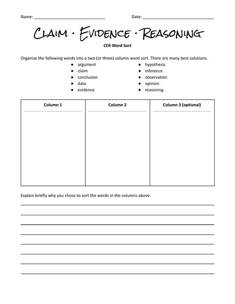 claim evidence reasoning worksheet middle school science
