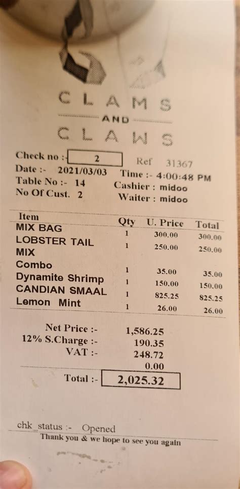 Clams Claws Menu