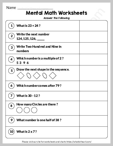 Class 1 Mental Math Worksheet