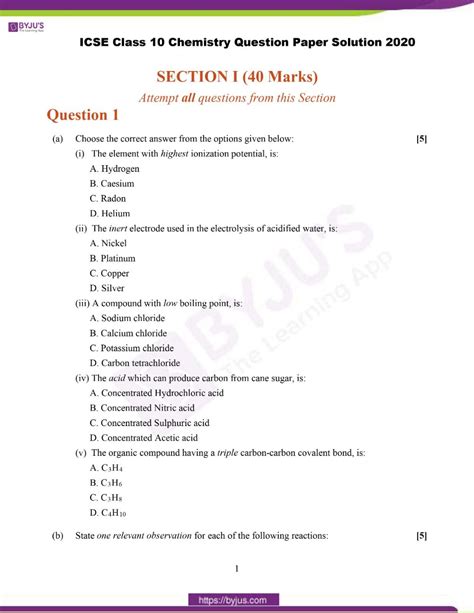 class 10 icse chemistry sample paper