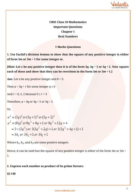 class 10 maths important questions with answers pdf chapter 1