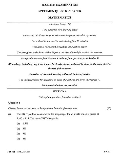 Class 10 Maths Paper Icse