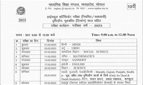class 10 mp board time table 2023
