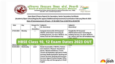 class 12 haryana board date sheet 2023