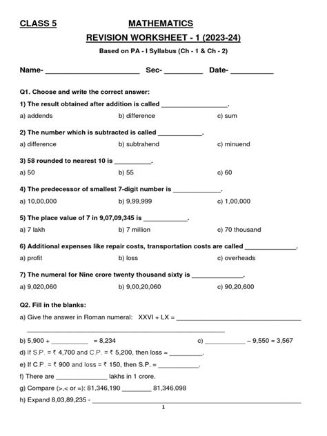 Class 5 Maths Chapter 1 Worksheet Pdf