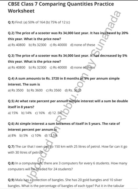 class 7 maths comparing quantities worksheet with answers
