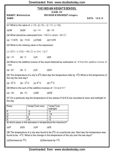 Class 7 Maths Worksheet Pdf