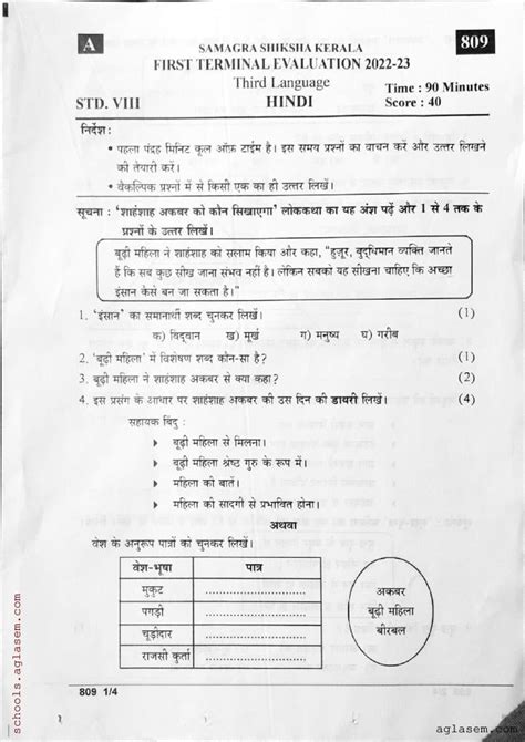 Class 8 Hindi First Term Question Paper