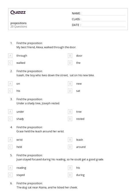 class 8 preposition exercises with answers