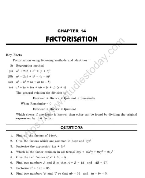 Class 9 Maths Factorisation Questions Pdf