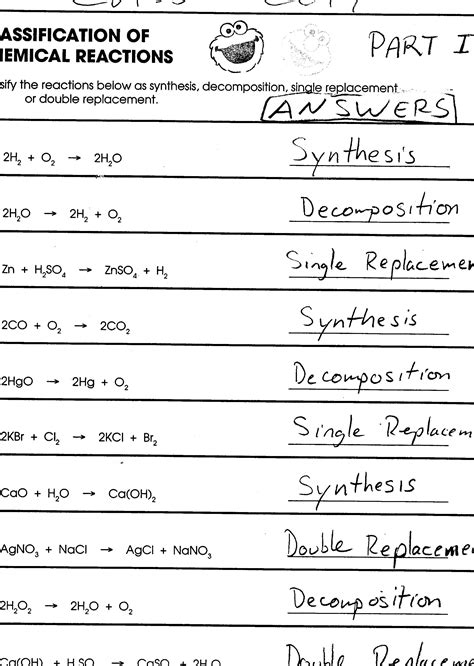 classifying chemical reactions worksheet answers page 9