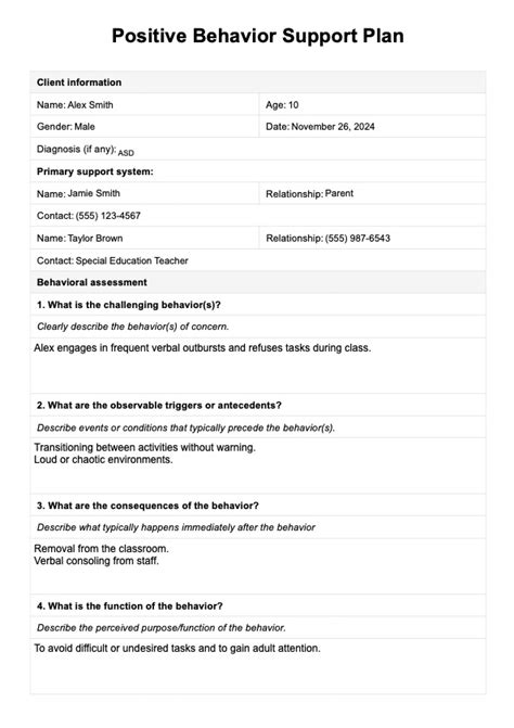 Classroom Positive Behavior Support Plan Example