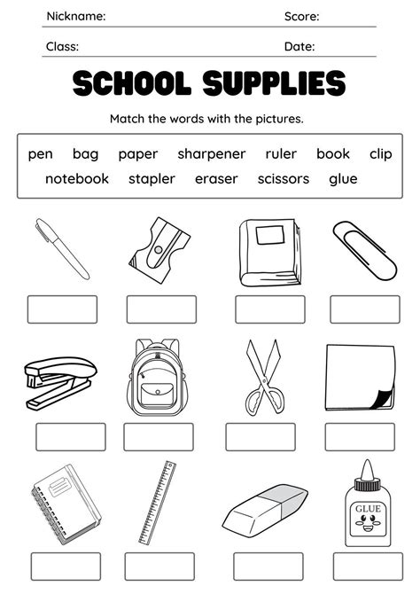 Classroom Supplies Worksheets