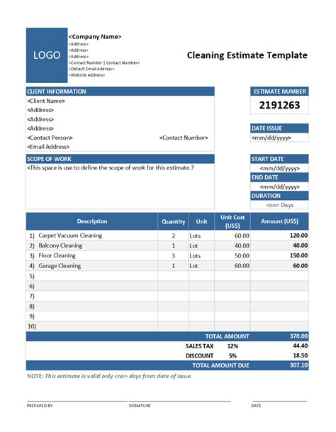 Free Cleaning Estimate Forms Invoice Template