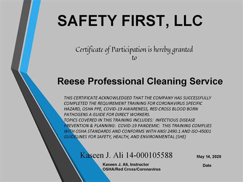 Cleaning Certification Covid 19