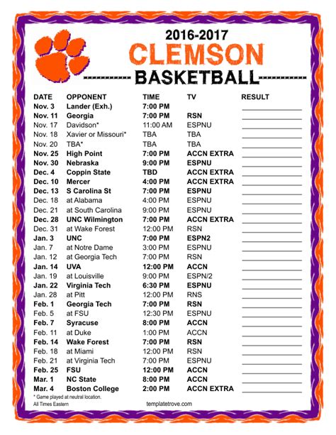 clemson basketball schedule 2016
