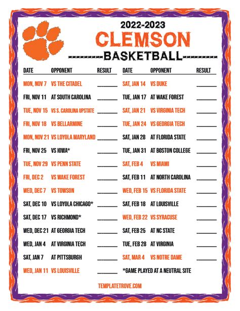 clemson basketball schedule 2022