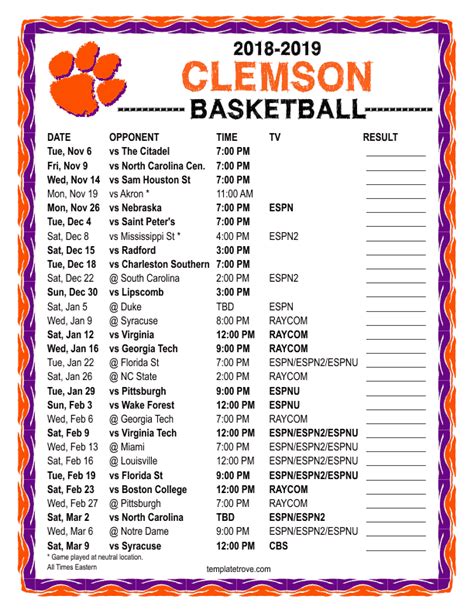clemson basketball schedule and scores