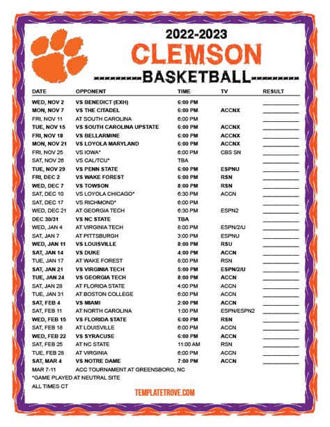 clemson men's basketball schedule 2022