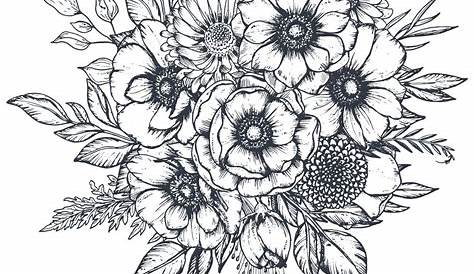 Arrangement Von Blumen Schwarz Und Weiß. Skizzieren Zeichnen Von Linien