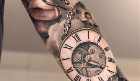 3D very realistic old clock with flowers tattoo on shoulder