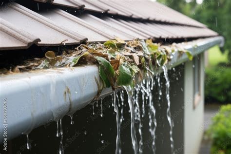 clogged gutter with overflowing water