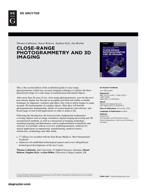 About Close Range Photogrammetry And 3D Imaging Pdf 2023