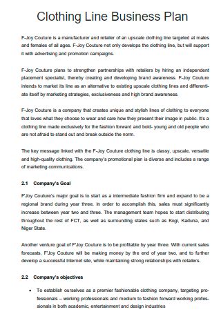 Clothing Line Plan Example