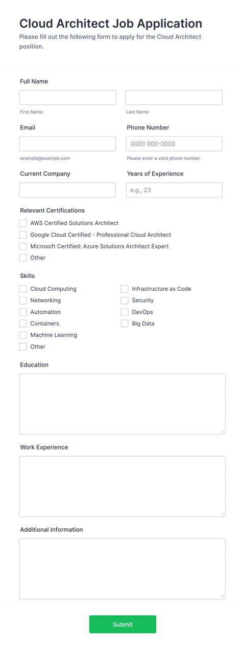 cloud architect job application form template